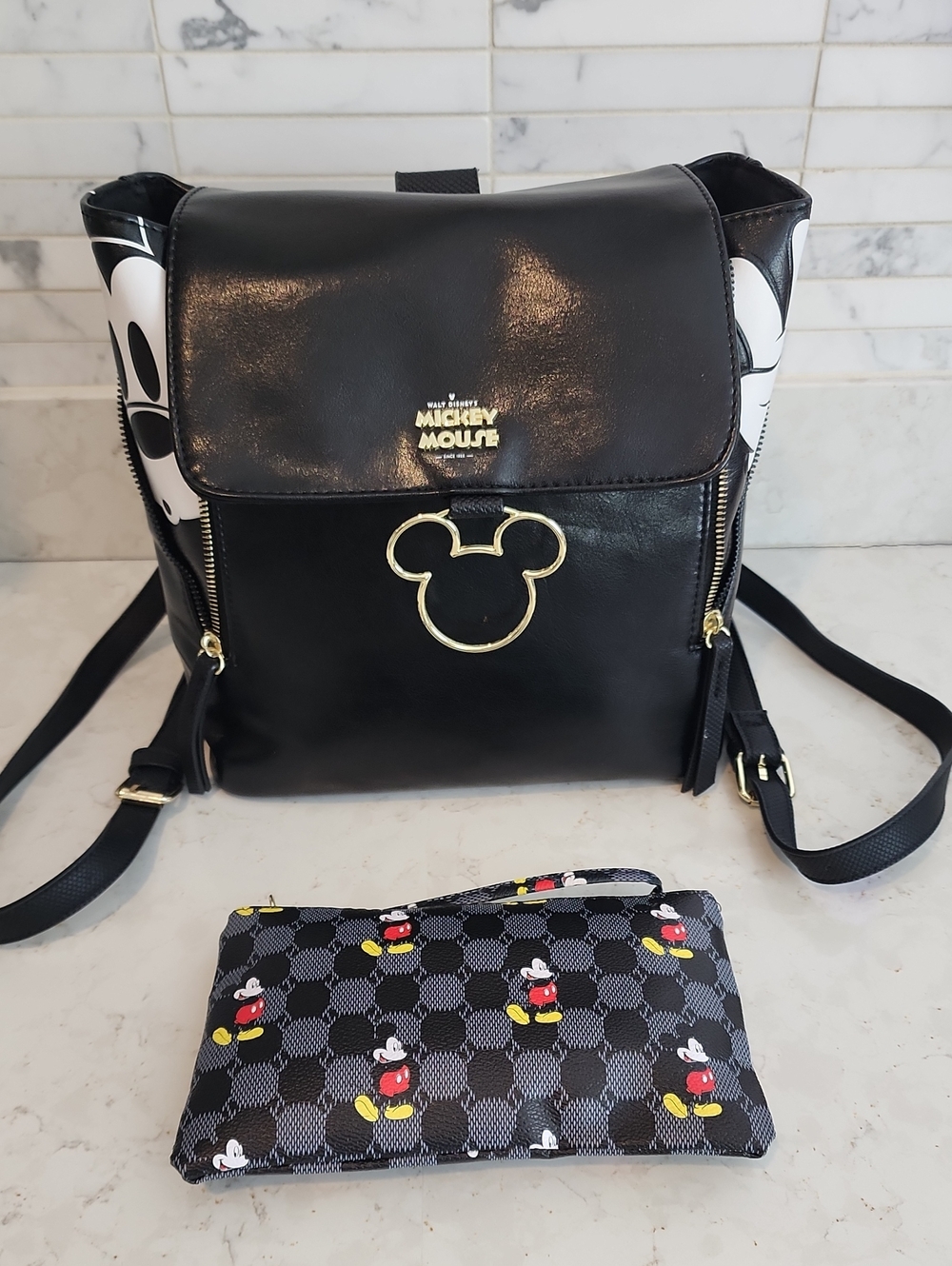 Disney Black Faux Leather Mickey Backpack with Coin Pouch